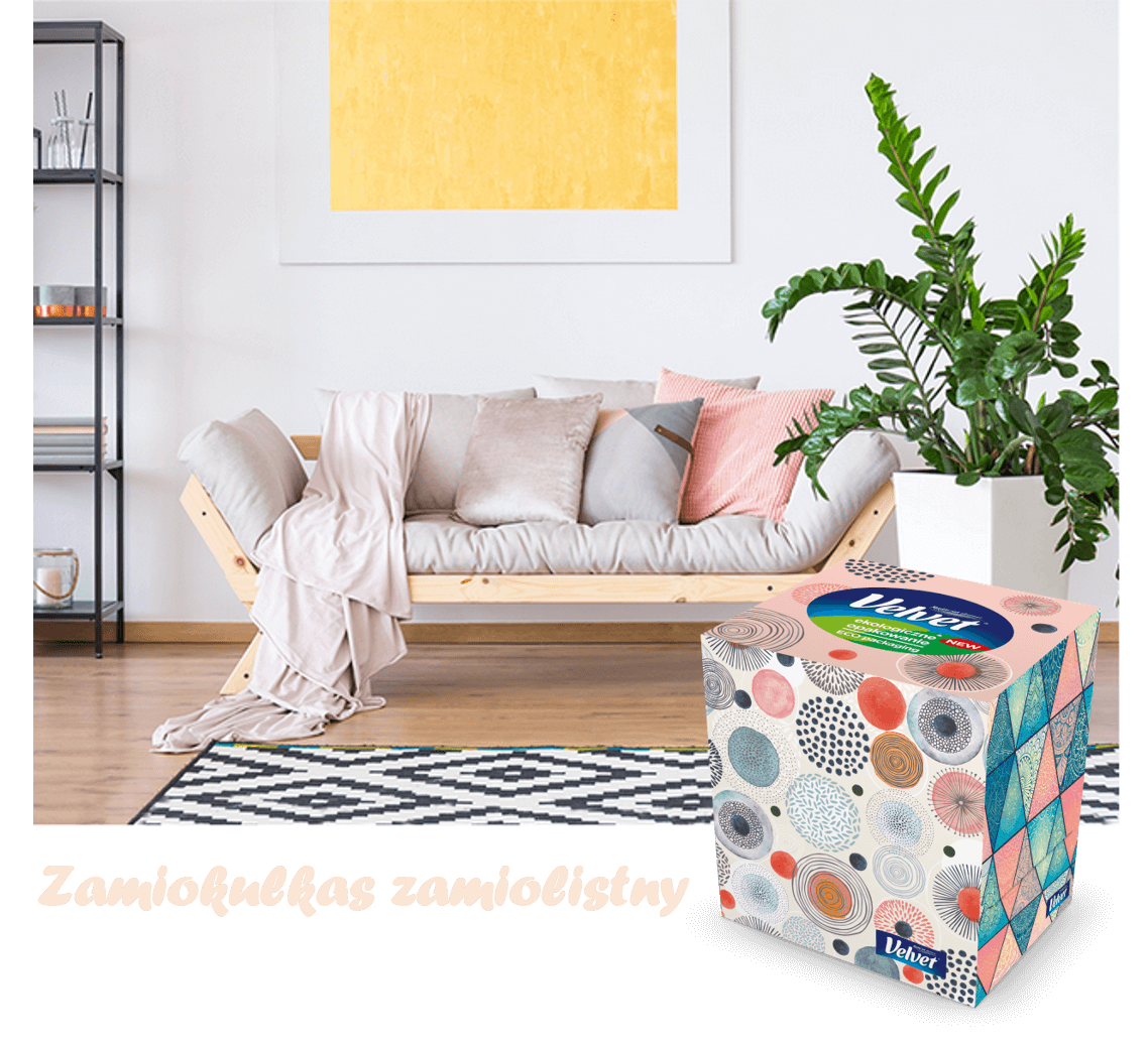 A bright sofa with lots of colourful cushions and a blanket – a presentation of Velvet facial tissues in a colourful box