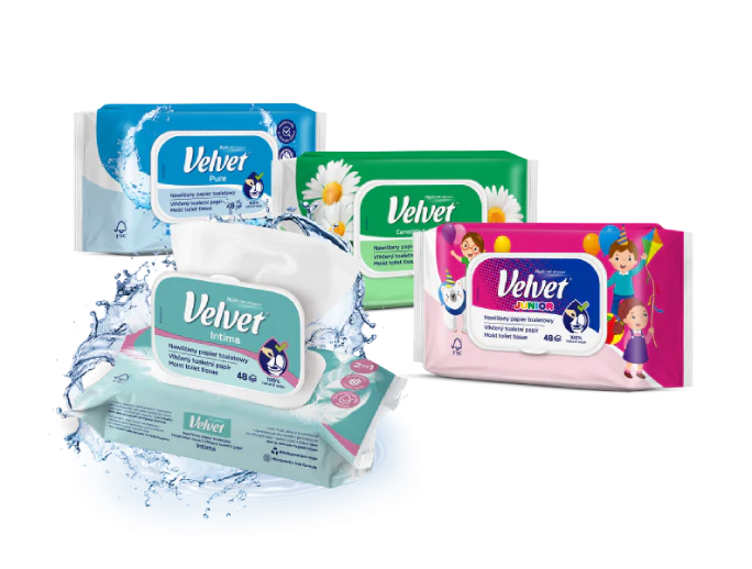 Velvet Moist nawilżany papier toaletowy: Velvet Junior, Velvet Pure, Velvet Camomile & Aloe Vera, Velvet Intima
