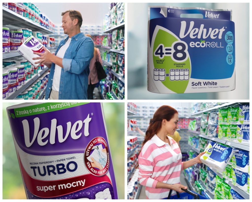 Produkty Velvet – papier toaletowy Velvet ecoROLL oraz ręcznik papierowy Turbo Velvet