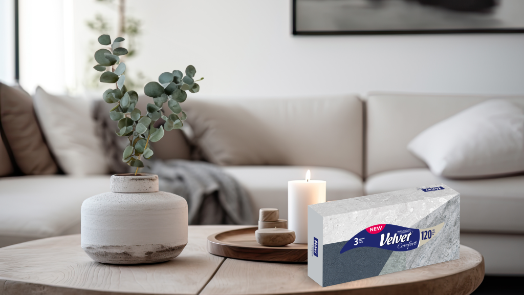 Velvet Comfort, Velvet, Velvet Chusteczki, Chusteczki Higieniczne, Chusteczki w Kartonie, Chusteczki, Chusteczki Velvet, Chusteczki 3-warstwowe, nowość Velvet, Design Wnętrz, Home Decor, Minimalizm, Wystrój Wnętrz, Nowoczesne Wnętrze, Inspiracje Domowe, Komfort , Estetyka, Codzienny Komfor