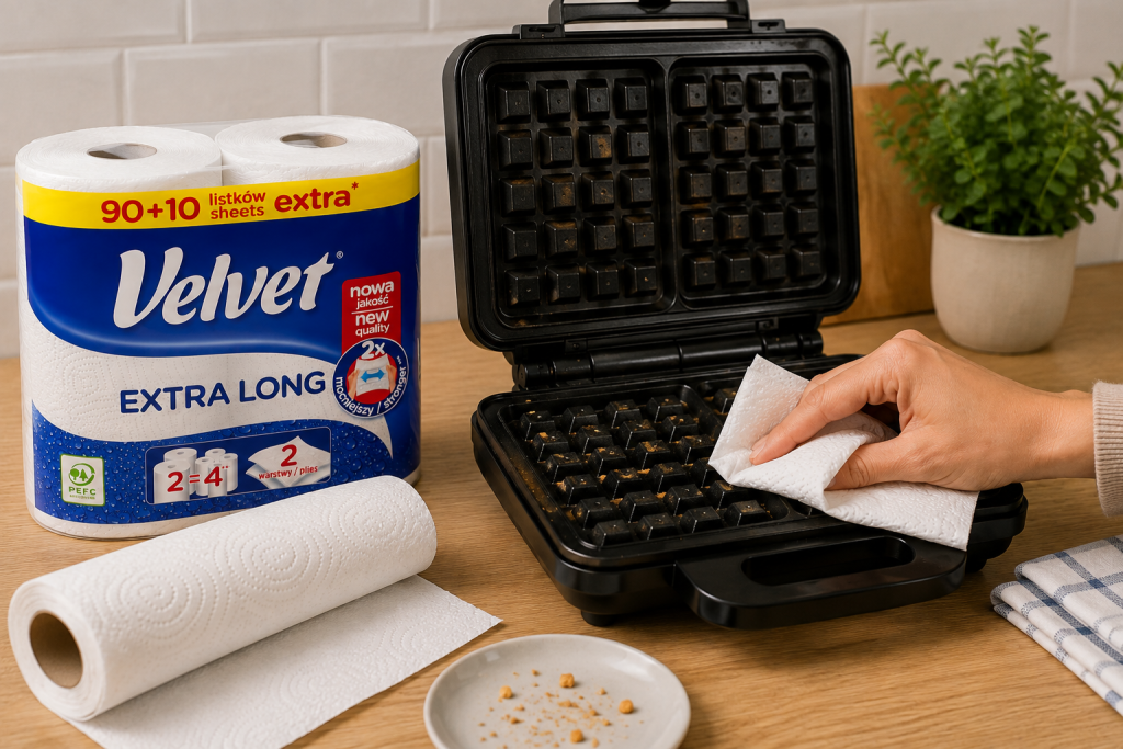 ręczniki papierowe Velvet, Velvet, czyszczenie gofrownicy, jak wyczyścić gofrownicę, ręczniki papierowe do sprzątania, czyszczenie gofrownicy ręcznikiem papierowym, chłonne ręczniki papierowe, usuwanie tłuszczu, usuwanie okruchów, osuszanie gofrownicy, czyszczenie płytek gofrownicy, czyszczenie bez szorowania, czyszczenie bez mocnej chemii, domowe sposoby na czyszczenie gofrownicy, soda oczyszczona, zaschnięte ciasto, czysta gofrownica, higieniczne sprzątanie, sprzątanie kuchni, porady kuchenne, domowe porządki, Velvet Extra Long