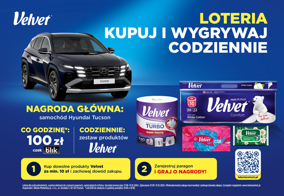 Loteria Velvet, Velvet 2026, Wygrywaj Z Velvet, Zasady Loterii, Jak Brać Udział, Kupuj I Wygrywaj, Dowód Zakupu, Ręczniki Papierowe, Papier Toaletowy, Nawilżany Papier Toaletowy, Chusteczki Higieniczne, Chusteczki Uniwersalne, Domowe Zakupy, Wygrana Co Godzinę, Wirtualna Zdrapka, Wygraj Samochód, Hyundai Tucson, Promocja Velvet, Konkurs Z Nagrodami, Szczęśliwy Paragon