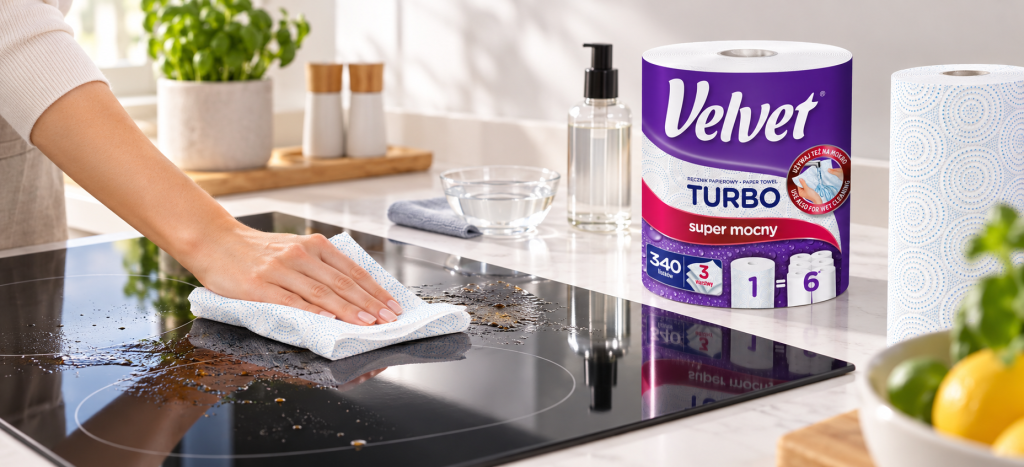 płyta indukcyjna, czyszczenie płyty indukcyjnej, ręczniki papierowe Velvet, Velvet Turbo, czym myć płytę indukcyjną, płyta indukcyjna bez smug, usuwanie tłuszczu, usuwanie wilgoci, osuszanie płyty indukcyjnej, pielęgnacja indukcji, czyszczenie po gotowaniu, przypalona płyta indukcyjna, domowe porady, porady kuchenne, czysta kuchnia, sprzątanie kuchni