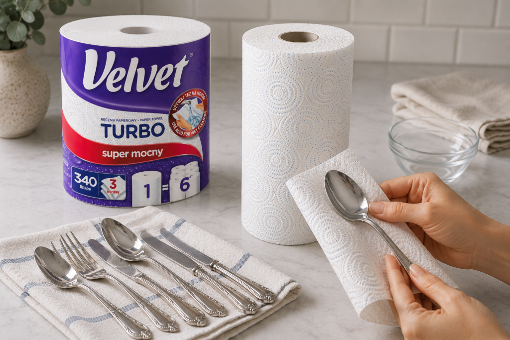 ręczniki papierowe Velvet, Velvet, Velvet Turbo, ręczniki papierowe do kuchni, osuszanie sztućców, polerowanie sztućców, jak wyczyścić sztućce, czyszczenie sztućców, sztućce bez zacieków, sztućce bez smug, błyszczące sztućce, pielęgnacja sztućców, wycieranie sztućców, osuszanie po zmywarce, wilgoć na sztućcach, usuwanie zacieków, czyszczenie octem, czyszczenie sodą, higiena w kuchni, kuchenne porady, praktyczne porady, domowe sposoby, czyste sztućce, eleganckie sztućce